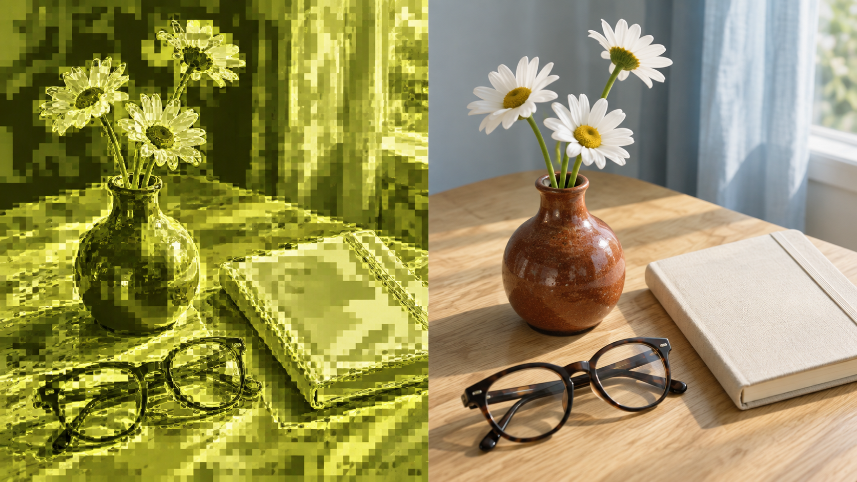 AI-generated still-life example showing a strong green mosaic and liquid distortion on the left and a natural-looking vase and flowers on the right